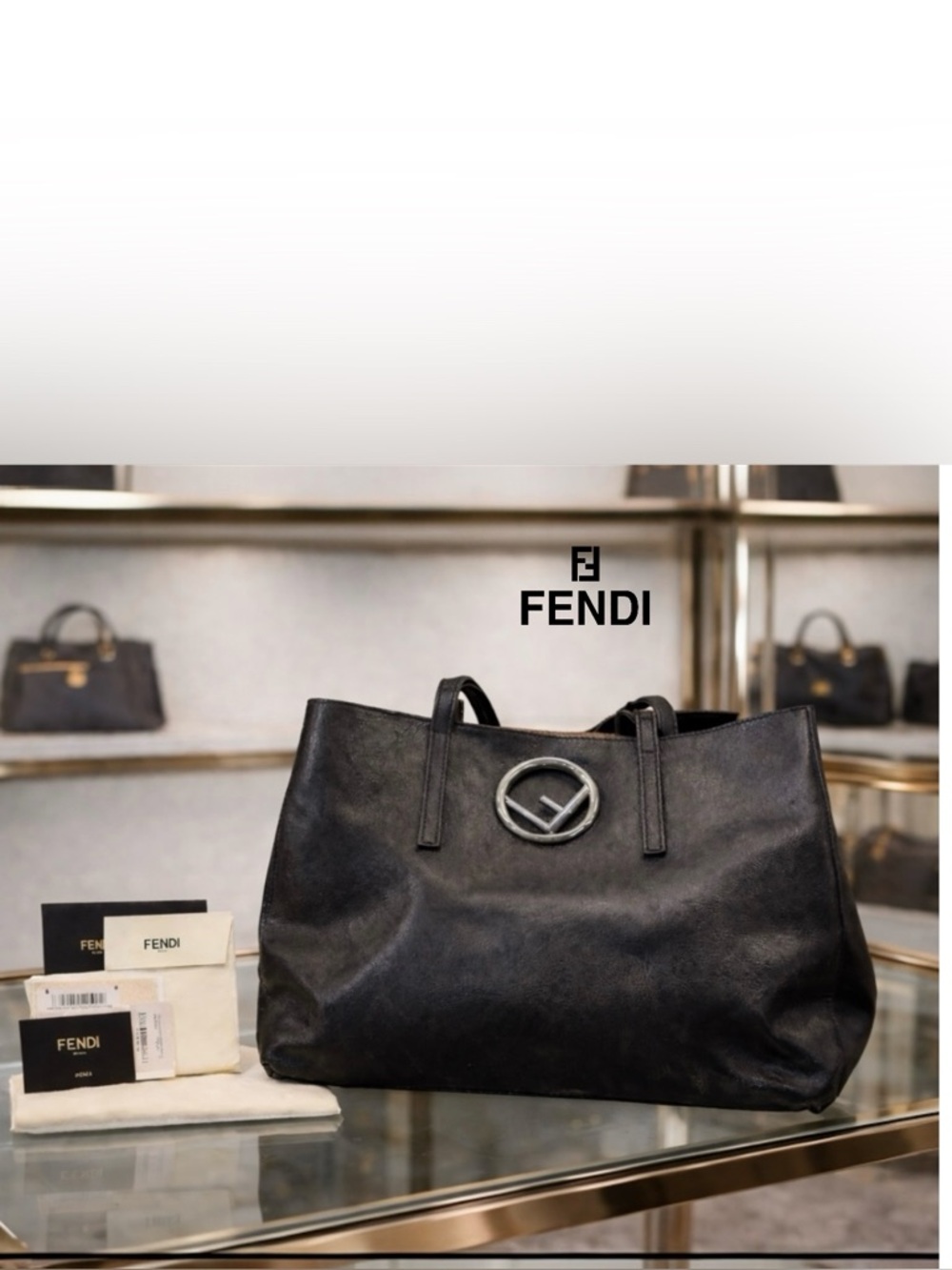 Fendi Black Leather Tote with Circular Logo Accent - Picture 2 of 13